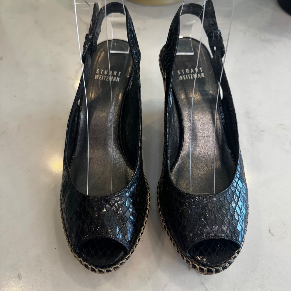 Stuart Weitzman Women 6.5 Black Snakeskin Embossed Cork Wedge Slingback Sandals - Picture 8 of 15